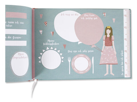 zu sehen ist eine Seite für ein Fremdenbuch für Mädchen mit Sprechblasen und platz für Notizen